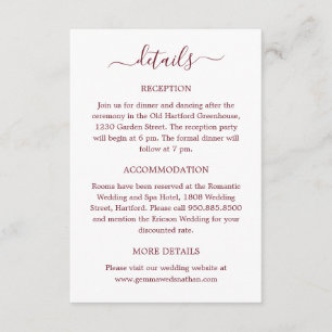 Modern Elegant Script Burgundy Red Wedding Details Enclosure Card