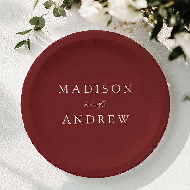 Modern Elegant Script Burgundy Wedding Paper Plate (Creator Uploaded)