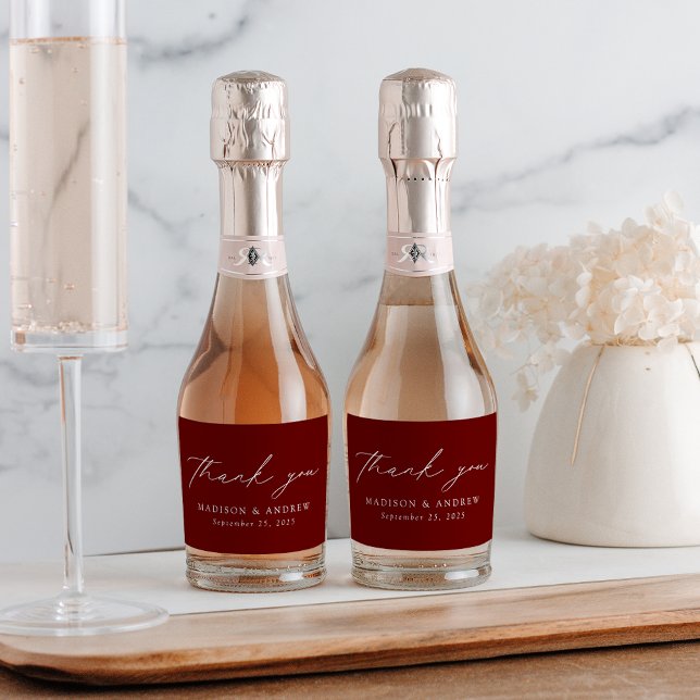 Modern Elegant Script Burgundy Wedding Thank You Sparkling Wine Label (Creator Uploaded)