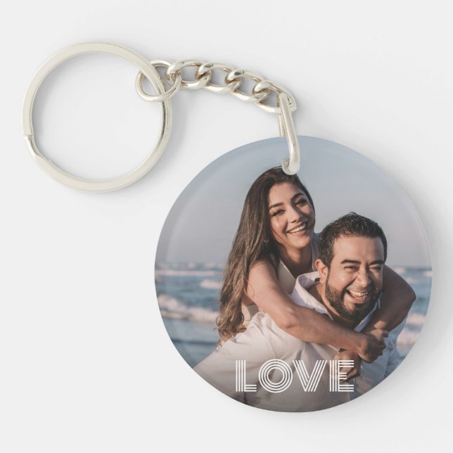 Modern Elegant Script Couple Photo Key Ring (Front)