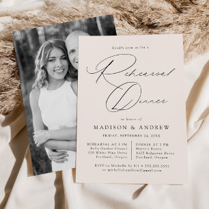 Modern Elegant Script Cream Photo Rehearsal Dinner Invitation