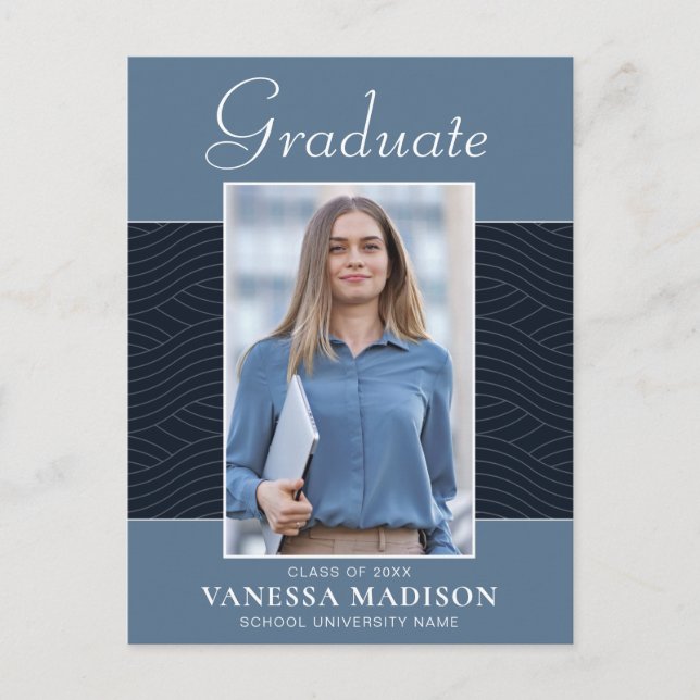 Modern | Elegant Script Dusty Blue 1 Photo Grad Postcard (Front)