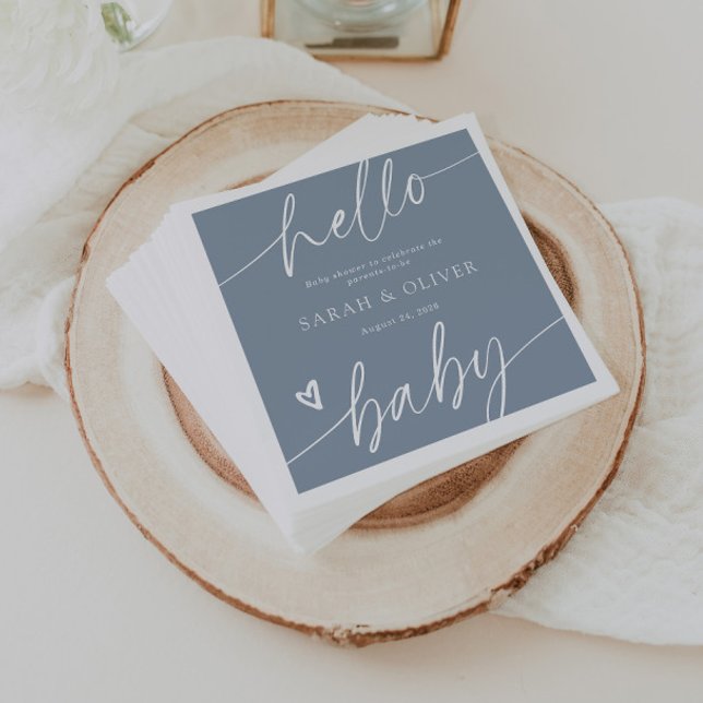 Modern Elegant Script Dusty Blue Baby Shower Napkin (Creator Uploaded)