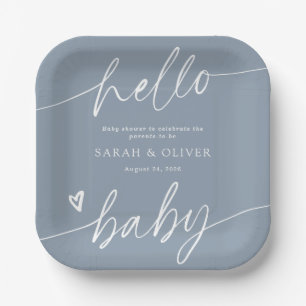 Modern Elegant Script Dusty Blue Baby Shower Paper Plate