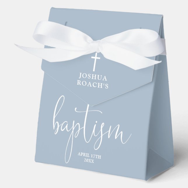 Modern Elegant Script Dusty Blue Baptism Favour Bo Favour Box (Front)