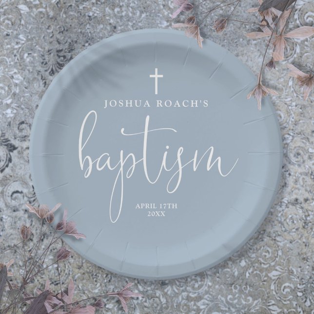 Modern Elegant Script Dusty Blue Baptism Paper Plate (Modern Elegant Script Dusty Blue Baptism Paper Plates)