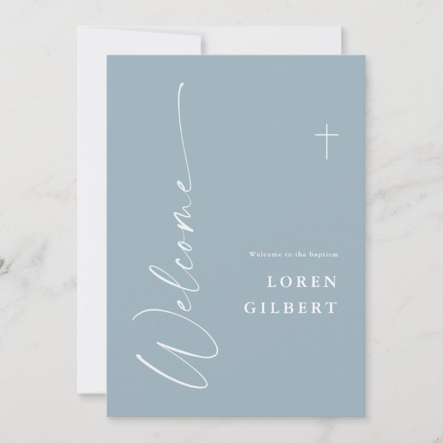 Modern Elegant Script Dusty Blue Baptism Welcome Invitation (Front)