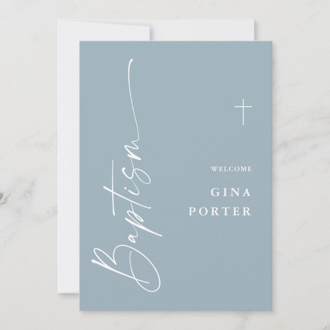 Modern Elegant Script Dusty Blue Baptism Welcome Invitation (Front)