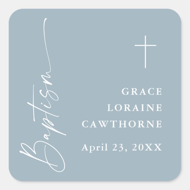 Modern Elegant Script Dusty Blue Boys Baptism Square Sticker (Front)