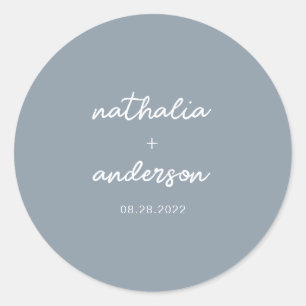 Modern Elegant Script Dusty Blue Wedding Classic Round Sticker