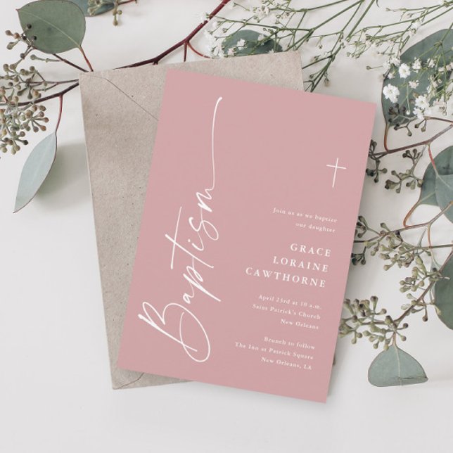 Modern Elegant Script Dusty Pink Girls Baptism Invitation (Creator Uploaded)