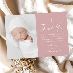 Modern Elegant Script Dusty Pink Photo Baptism Thank You Card