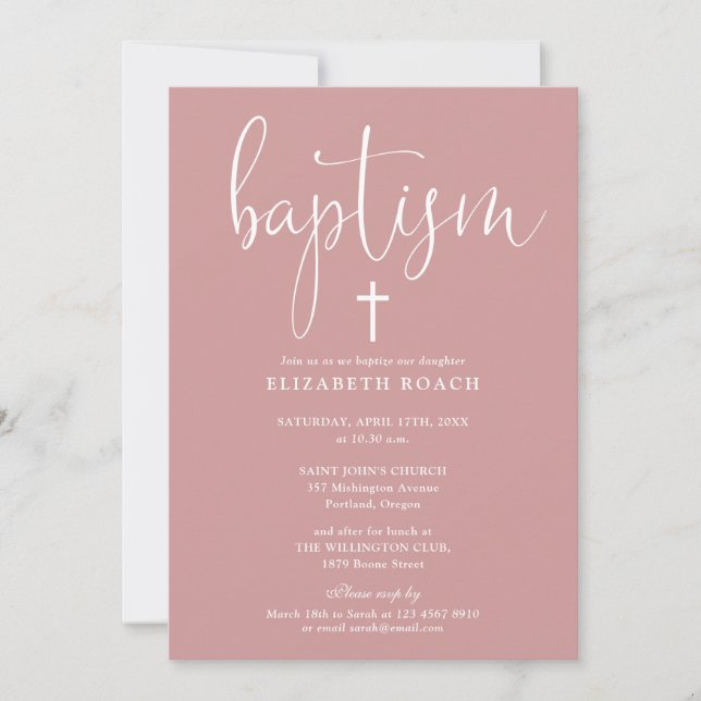 Modern Elegant Script Dusty Rose Pink Baptism Invitation (Front)