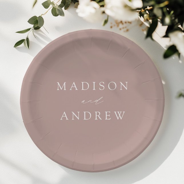 Modern Elegant Script Dusty Rose Wedding Paper Plate (Creator Uploaded)