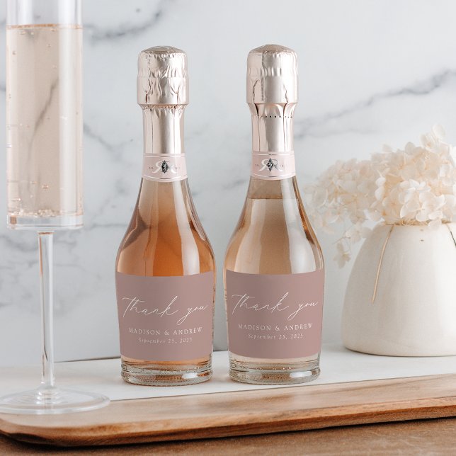 Modern Elegant Script Dusty Rose Wedding Thank You Sparkling Wine Label (Creator Uploaded)