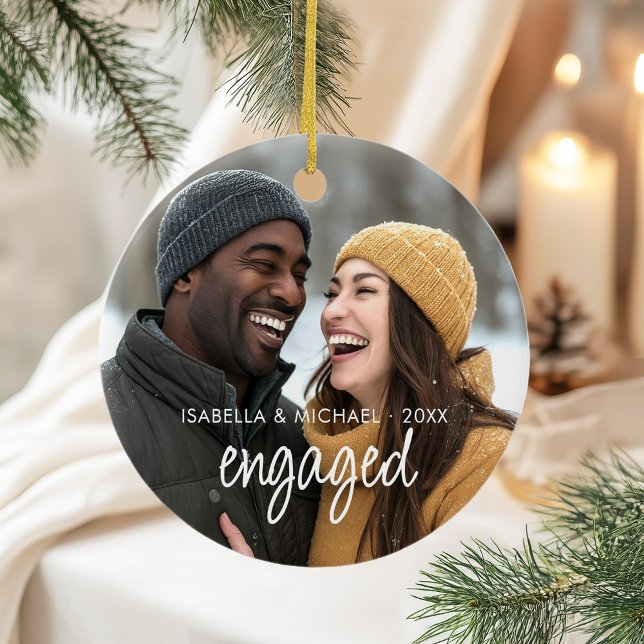 Modern Elegant Script Engaged Couple Photo Ceramic Tree Decoration (Modern and simple engaged couple personalized photo hanging ornament with names and date)