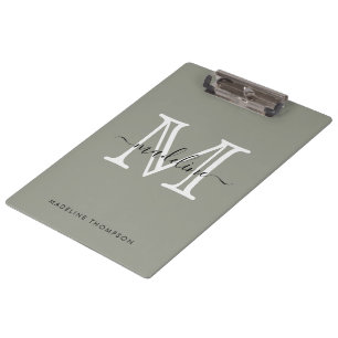 Modern Elegant Script Evergreen Fog Monogram Clipboard