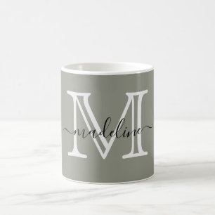 Modern Elegant Script Evergreen Fog Monogram Coffee Mug