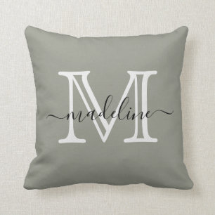 Modern Elegant Script Evergreen Fog Monogram Cushion