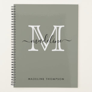 Modern Elegant Script Evergreen Fog Monogram Planner