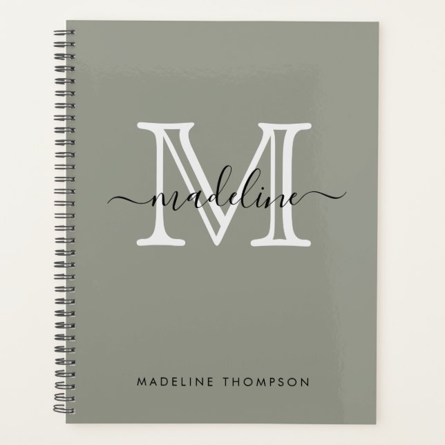 Modern Elegant Script Evergreen Fog Monogram Planner (Front)