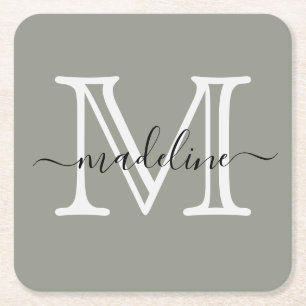 Modern Elegant Script Evergreen Fog Monogram Square Paper Coaster
