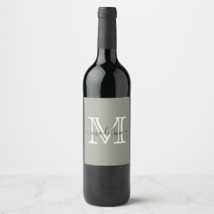 Modern Elegant Script Evergreen Fog Monogram Wine Label