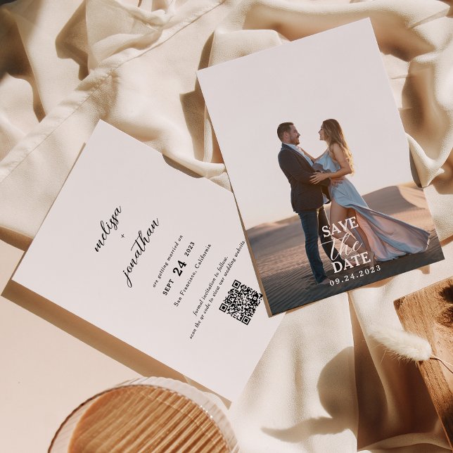 Modern Elegant Script Full Photo QR code Wedding Save The Date (Creator Uploaded)