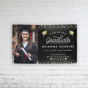 Modern Elegant Script Gold Graduation Photo Black Banner