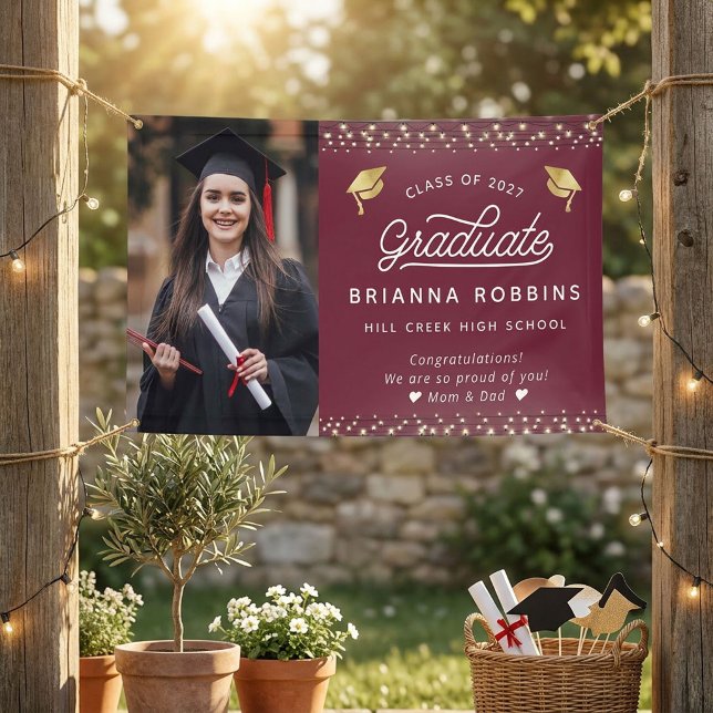 Modern Elegant Script Gold Graduation Photo Maroon Banner (Creator Uploaded)