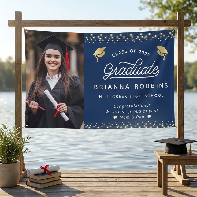 Modern Elegant Script Gold Graduation Photo Navy Banner (Creator Uploaded)