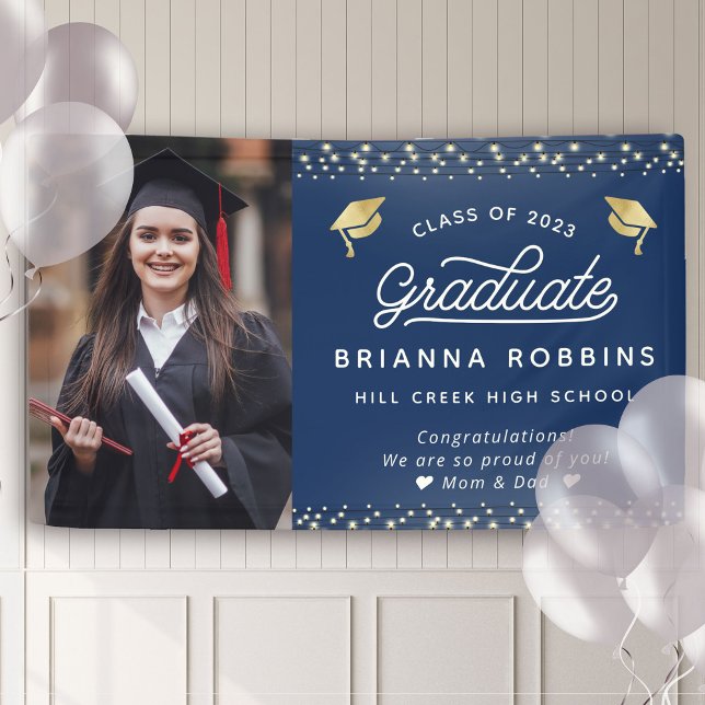 Modern Elegant Script Gold Graduation Photo Navy Banner (Creator Uploaded)