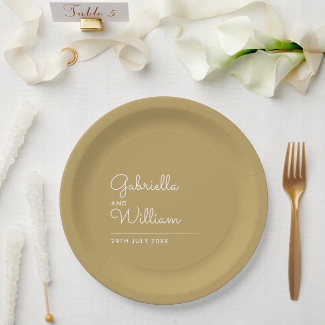 Modern Elegant Script Gold Wedding Paper Plate (Wedding)