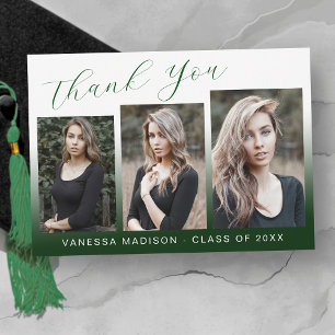 Modern Elegant Script Gradient Green 3 Photo Grad Thank You Card