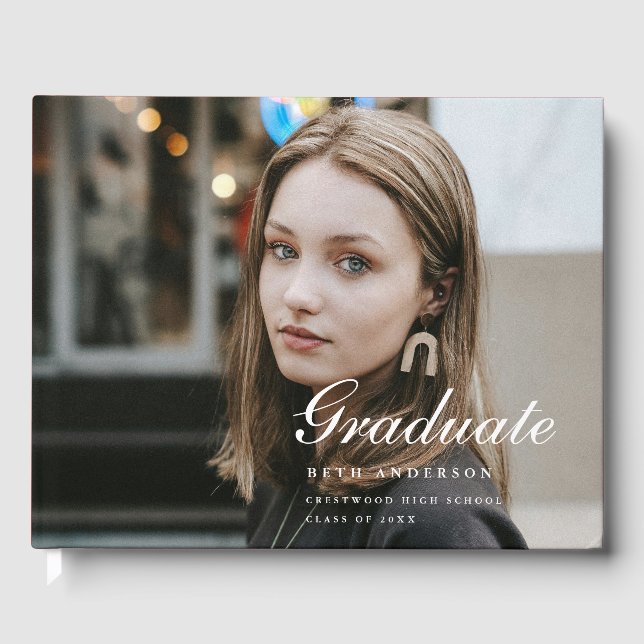 Modern Elegant Script Graduation Party Photo Guest Book (Front)