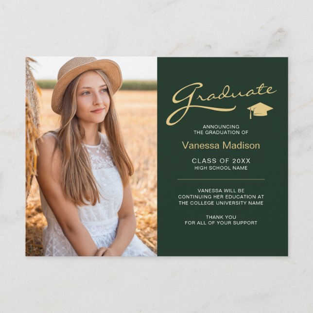 Modern Elegant Script Green & Gold | 2 Photo Grad Postcard (Front)