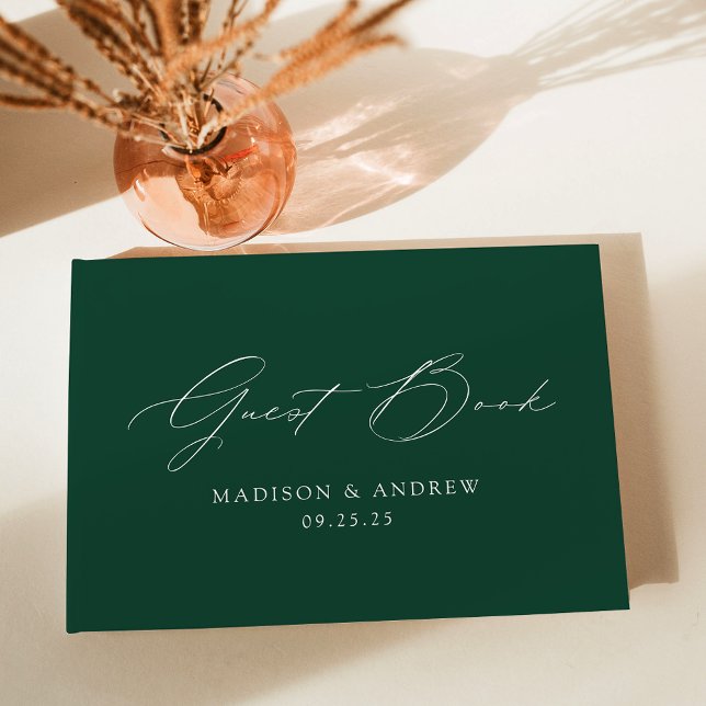 Modern Elegant Script Green Photo Wedding Guest Book (Creator Uploaded)
