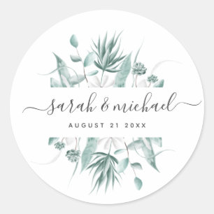 Modern Elegant Script Greenery Wedding Guest Classic Round Sticker