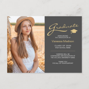 Modern Elegant Script Grey & Gold 2 Photo Grad Postcard