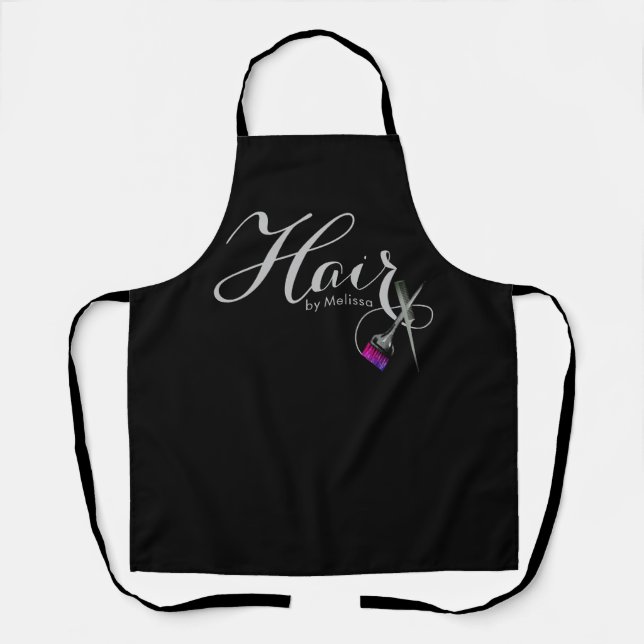 Modern Elegant Script Hair By Name Black Apron (Front)