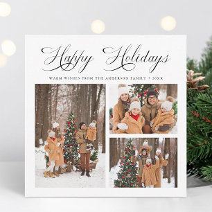 Modern Elegant Script Happy Holidays 3 Photo Holiday Card