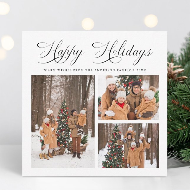 Modern Elegant Script Happy Holidays 3 Photo Holiday Card (Creator Uploaded)