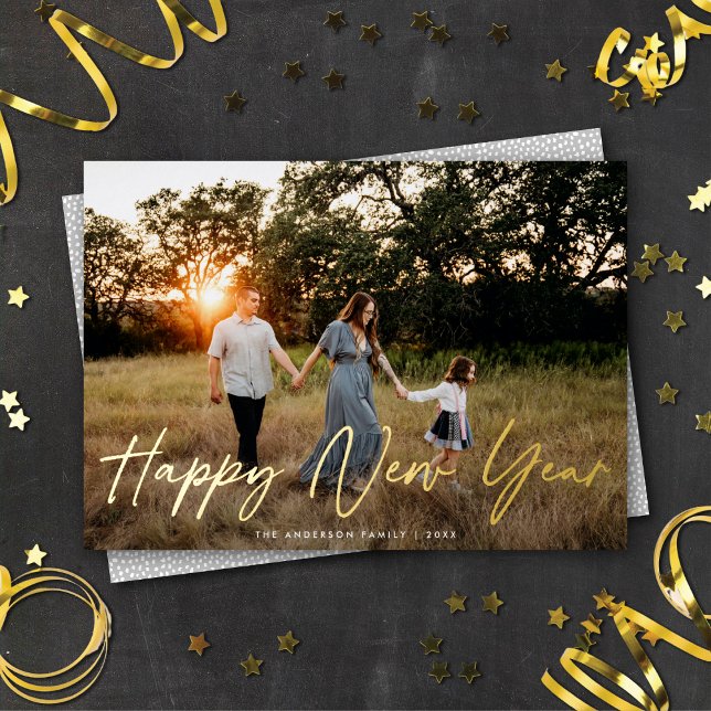 Modern Elegant Script Happy New Year Photo Gold (Creator Uploaded)