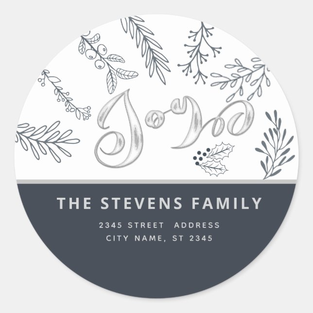 Modern elegant script joy winter botanical classic round sticker (Front)
