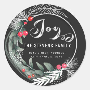 Modern elegant script joy winter botanical classic round sticker