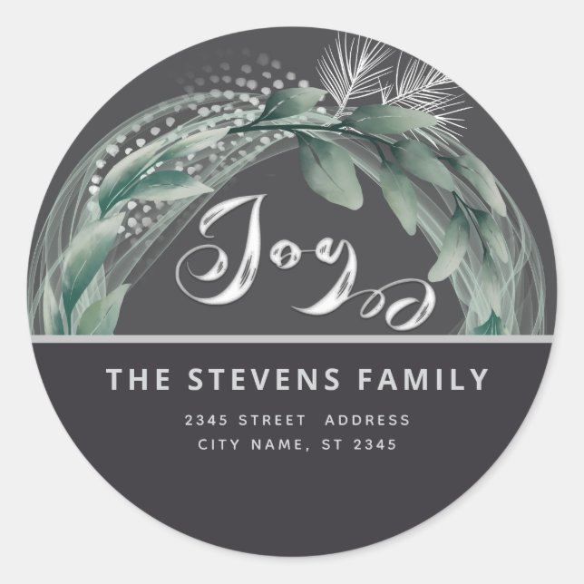 Modern elegant script joy winter botanical classic round sticker (Front)