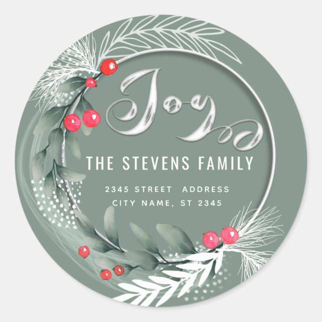 Modern elegant script joy winter botanical classic round sticker (Front)