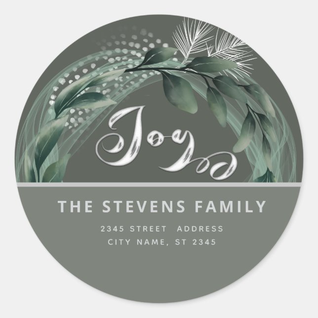 Modern elegant script joy winter botanical classic round sticker (Front)