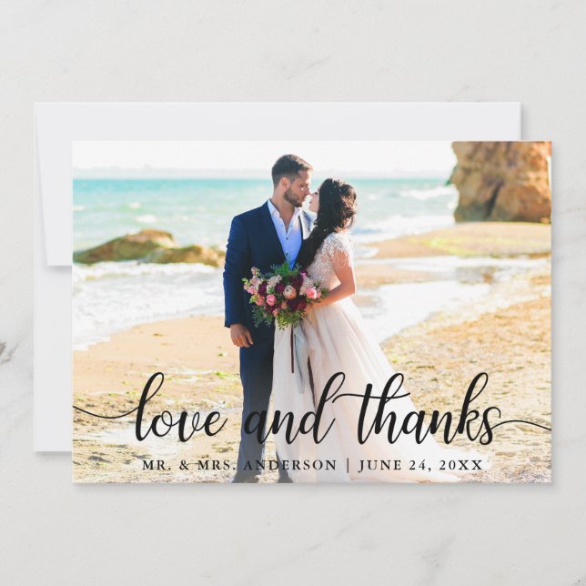Modern Elegant Script Love Thanks Wedding Photo B Thank You Card (Front)