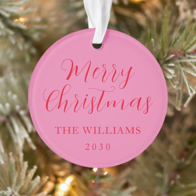Modern Elegant Script Merry Christmas Pink Red Ornament (Tree)